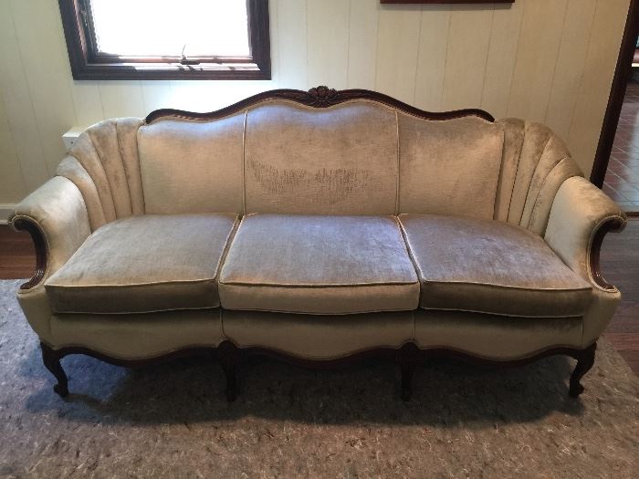 7. Antique Elegant Lustruos Velvet Sofa w/ Carved Wood Details & 4 Front Legs (81'' x 31'' x 36'')