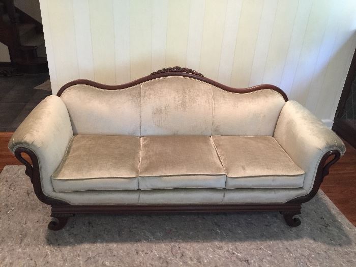 6. Antique Elegant Lustrous Velvet Swan Neck Arm Sofa w/ Carved Wood Details (80'' x 31'' x 37'')