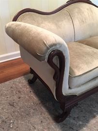 6. Antique Elegant Lustrous Velvet Swan Neck Arm Sofa w/ Carved Wood Details (80'' x 31'' x 37'')