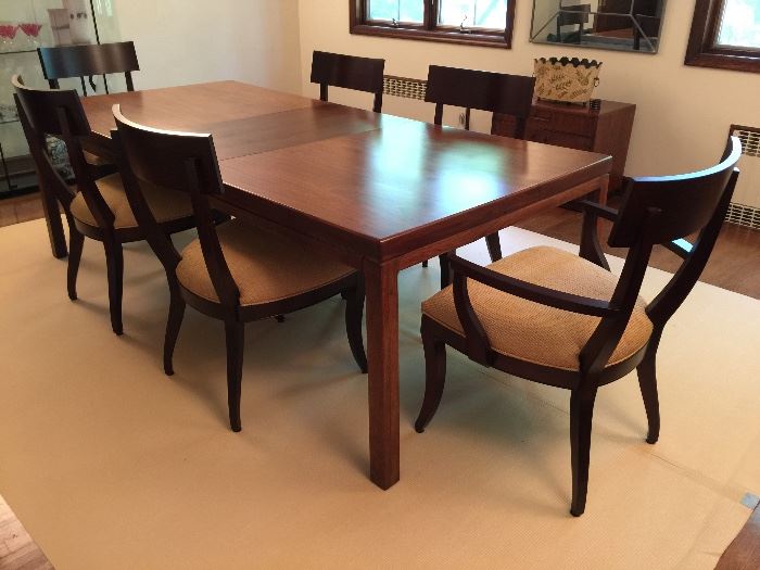 15. Ethan Allen Dining Chairs (2 Arm - 26'' x 22'' x 36'') (4 Side - 21'' x 20'' x 36'')                                                16. Maurice Villency Parson Walnut Dining Table w/ Custom Table Pad (68'' x 42'' x 29'') w/ 2 (20'') Leaves
