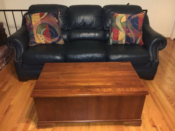 Nice dark blue leather sofa and coffee table with storage.