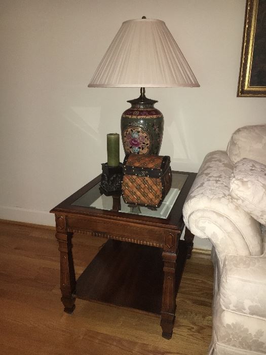 Cherry and beveled glass end tables and drop-leaf coffee table, pair of lamps.