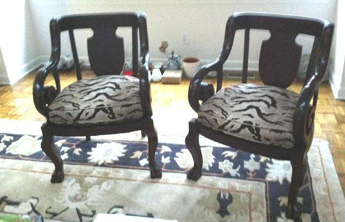 Pair of Baker Neo-Classical Arm Chairs in wild game upholstery.