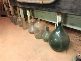 Antique glass jugs, French hand blown handblown teardrop carboys