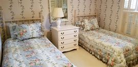 Heywood Wakefield white painted chest, twin beds and bedding and we have twin sheets