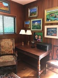 beautiful partners desk, carved Jacobean chair with needlepoint