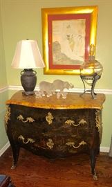 French Bombay chest with marble top, large apothecary jar on stand, collection of Lalique elephants