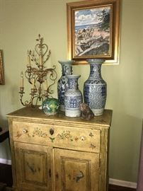 hand painted cabinet, blue & white porcelain temple jars, electrified sconce