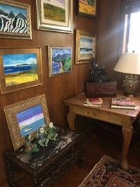 pine draw leaf pub/game table, Jim Becker paintings,  Elk family by LeDuc, bronze sculpture