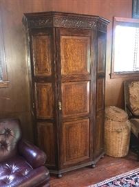 English oak armoire/entertainment center, feather basket