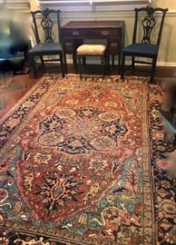 beautiful Heriz, 9'7" x 8'9"    Rug is sold.    Asian writing desk, pair of Chippendale chairs