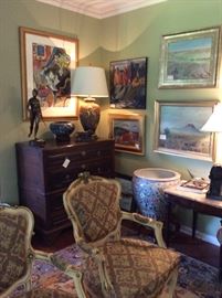 French carved fruitwood 3 drawer chest, large cloisonné bowl, bronze statues, paintings  by Amy Giust , Replogle and K Mack