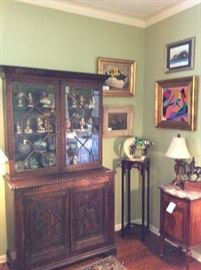 antique English oak carved bookcase, blue and white porcelains, collection of Hummels, paintings by Susie Manning, j Seymour, French commode