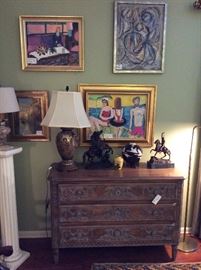 French carved fruitwood 3 drawer chest, Satsuma vase, bronze sculptures, paintings by Lynn Green Root, and others