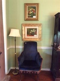 pair of blue velvet chairs , paintings by Loyacano