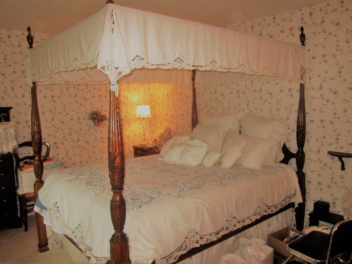 Queen canopy bed , mahogany with matching dresser,mirror and nightstand