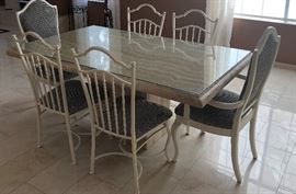 Italian Travertine Dining Table, 4 Metal Chairs, 2 Wood Chairs