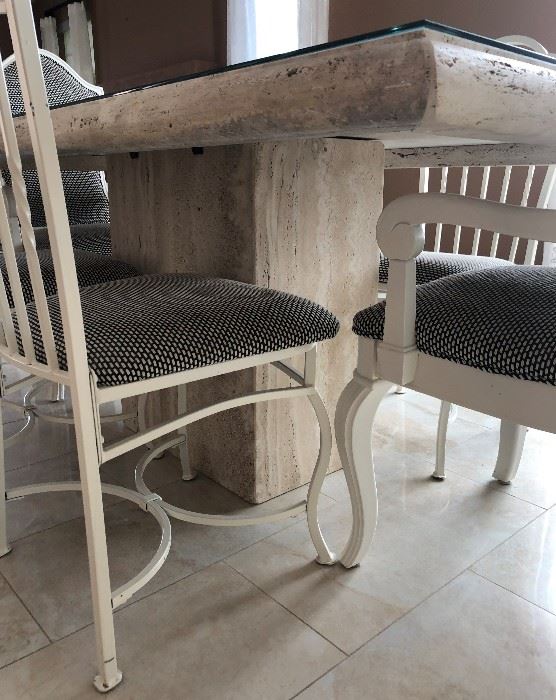 Italian Travertine Dining Table, 4 Metal Chairs, 2 Wood Chairs