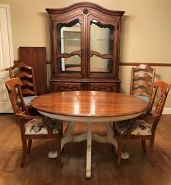 Glass Door Hutch, Round Dining Table w Additional Leaf, Pair Ladderback Chairs