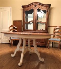 Glass Door Hutch, Round Dining Table w Additional Leaf, Pair Ladderback Chairs