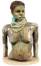 WOODROW NASH (AMER. B-1948), PAINTED CERAMIC FERTILITY SCULPTURE, 2007, H 27", W 17", AFRICAN FEMALE TORSO
Lot # 0048 
