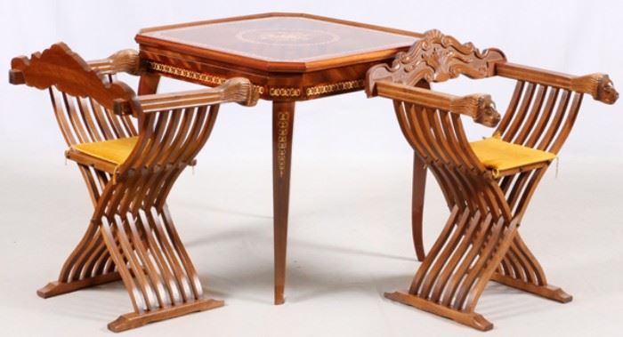 ITALIAN MAHOGANY AND INLAY GAMES TABLE, AND TWO SAVONAROLA FOLDING CHAIRS, LATE 20TH C, 3 PCS., H 34", W 30", L 30"
Lot # 0063 