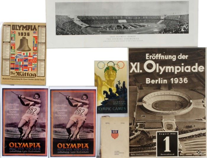 BERLIN OLYMPIC GAMES POSTERS, PHOTO PRINTS AND DINNER PROGRAM C1936, 9 PCS., H 10" - 26", W 5" - 30"
Lot # 0271 