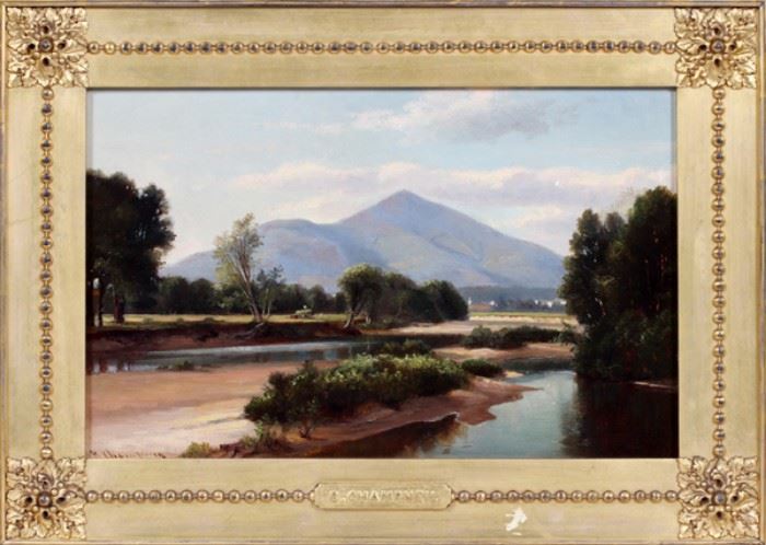 BENJAMIN CHAMPNEY (AMERICAN, 1817-1907), OIL ON ACADEMY BOARD, H 9 3/4", W 15 1/4", "HAYING, CONWAY MEADOWS"
Lot # 2003 