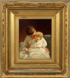 GEORGE HENRY STORY (AMERICAN, 1835-1923), OIL ON CANVAS, C. 1875, H 10 1/8", W 8 1/4", "THE KNITTING LESSON"
Lot # 2004
