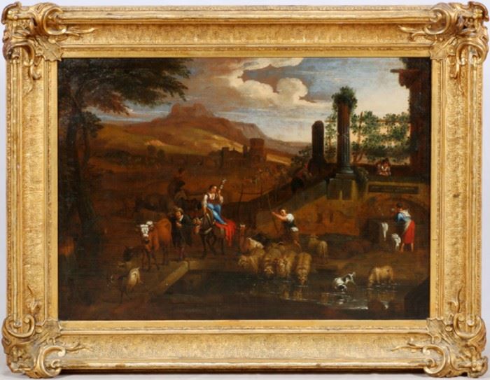 SIGNED "A.V. BREDAEL", OLD MASTER OIL ON CANVAS, H 32 5/8", W 45 3/4", "WATERING THE SHEEP"
Lot # 2013 