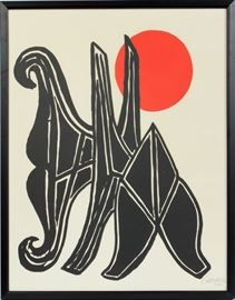 ALEXANDER CALDER (AMERICAN, 1898-1976), LITHOGRAPH ON PAPER, 1970, H 26", W 20 1/2", "YOUNG WOMAN AND HER SUITORS"
Lot # 2018 