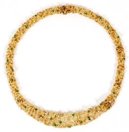 18K YELLOW GOLD, GRADUATED NUGGET STYLE NECKLACE, WITH DIAMONDS AND EMERALDS L 18"
Lot # 2039