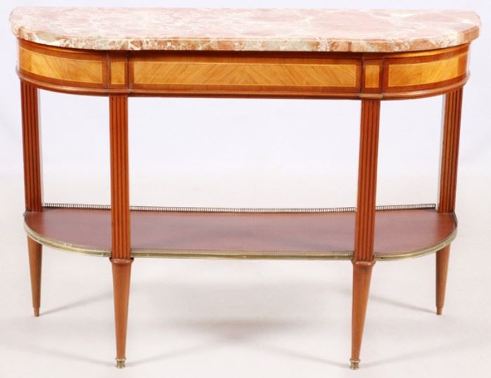 FRENCH LOUIS XVI STYLE CARVED MAHOGANY MARBLE TOP CONSOLE, H 33 1/2", L 47 1/2", D 15 3/4"
Lot # 2201 