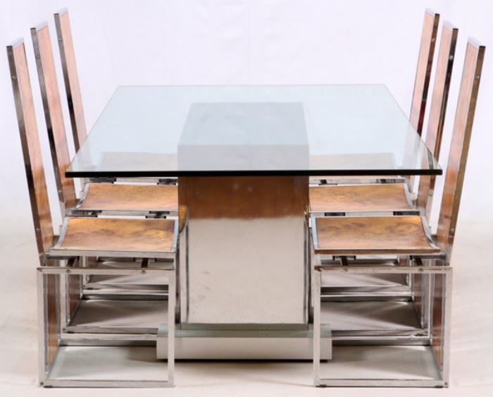 GLASS TOP CUSTOM DINING TABLE & CHAIRS, 7 PCS, H 28 1/2", W 44", L 72"
Lot # 2253 