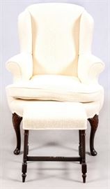 WHITE UPHOLSTERED WING-BACK CHAIR & OTTOMAN, H 41 1/2", W 31", D 30"
Lot # 0189 