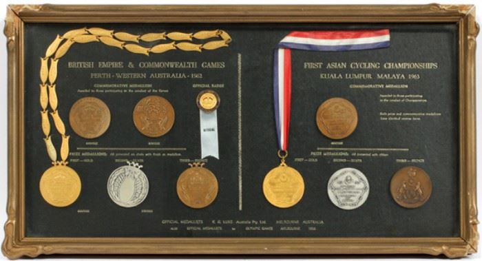 BRITISH EMPIRE AND COMMONWEALTH GAMES AND FIRST ASIAN CYCLING COMMEMORATIVE CHAMPIONSHIPS METALS, FRAMED 1962, 10 MEDALS H 12", W 24" FRAME
Lot # 0278 
