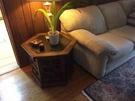 Side octagonal table and 3-cushion couch