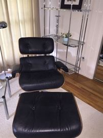 Eames chair and ottoman; chrome shelving unit - 3 shelves