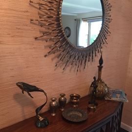 Metal - hand-made round mirror, bronze whale, metal pieces and glass