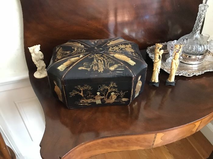 19th century Asian painted box and hand carved bone and ivory figures