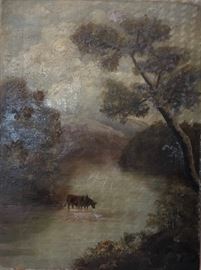 Unframed 19th Century Oil Painting on Canvas, "Cows in a Stream" (no signature found)