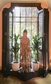 5' Quan Yin on Wood Stand..Carved and Decorated Wood;  Tall Folding screens; Italian Pots with Plants