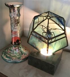 Byzanta Glaze Lusterware Candlestick by Grimwades, England; Leaded Glass Box, Signed by the Artist, D.Boone, for Orient and Flume