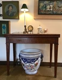Antique Game Table with Drawer (Flip Top);  Large Painted Pot from Italy