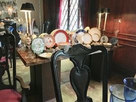 Console with Marbelized-Wood Top;  Oxford Bone China, German, Chinese , Etc. Dinner Plates