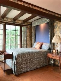 Beautiful Full-Size Bed, Lighted Headboard with Cornice Box and Side Drapes