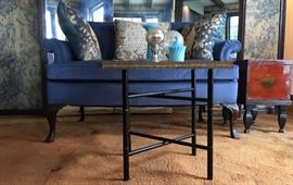 Cut Velvet Settee; Glass & brass tray table; Cellaret 