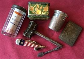 Vintage advertising Grooming and personal items: Sen-Sen Bank; Silver-eraser; "Betsy Ross" Pen Knife; Safety Razor Box; "Just-a-Thimble-Full" Jigger