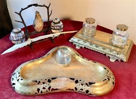 Brass Inkwells and Amazing Parakeet Inkwell