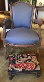 Antique French Provincial Louis XVI Fauteuil & Antique French Provincial Louis XVI Style Footstool Needlepoint covering
